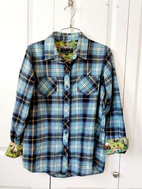 Fox Blue Plaid Flannel Pladra Shirt  Medium 100% Cotton Made In USA Western
